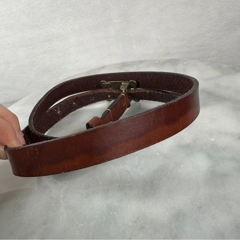 Vintage Chico’s large‎ Brown Leather Belt Brass Buckle thin boho bohemian